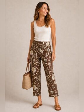 Equestrian Print Trousers 12 Brown Horse Bit Chain Stretch Preppy Pants